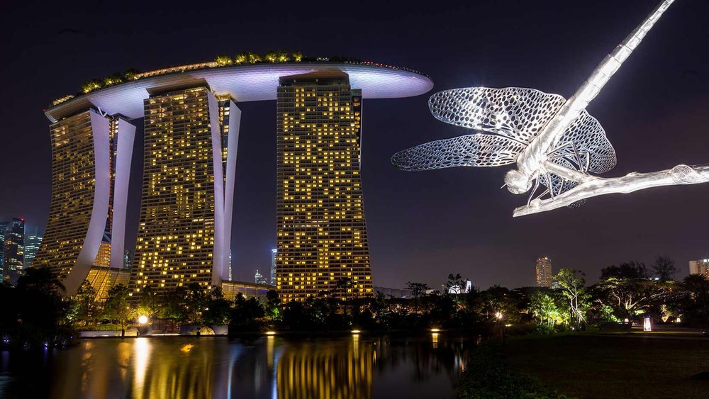 จาก Dragonfly & Kingfisher Lakes มองเห็น Marina Bay Sands ยามค่ำคืน, ขอบคุณรูปภาพจาก www.gardensbythebay.com.sg