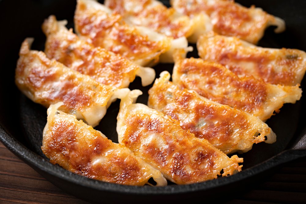 gyoza on a cast iron pan