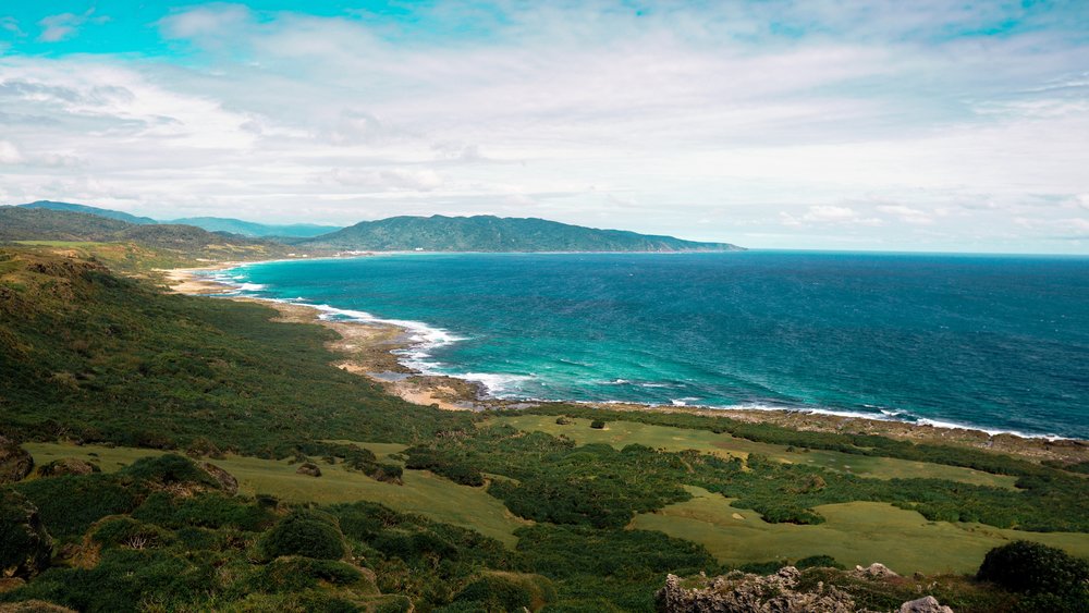 a large shoreline showing greenery to the left and the sea to the right