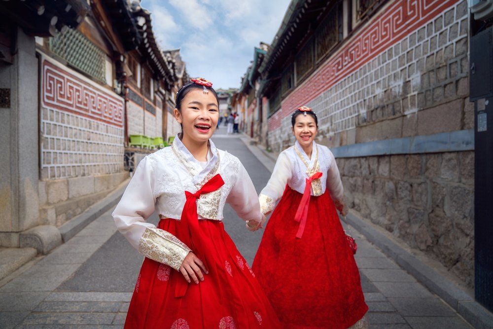 Two women wearing hanbok at Bukchon Hanok Village