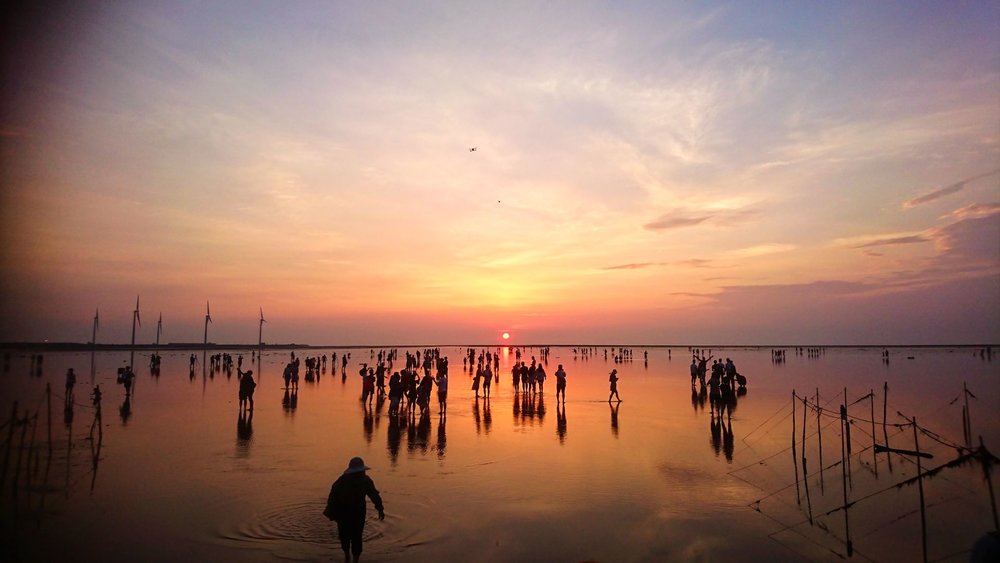 people on a beach in the sunset