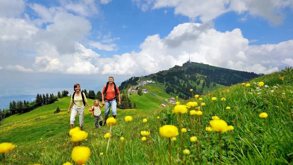 a family enjoying the landscapes in Switzerland