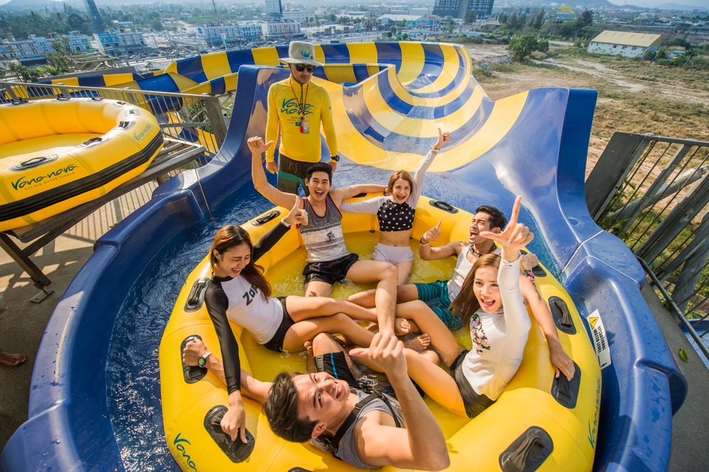 Group of friends on a giant floating donut