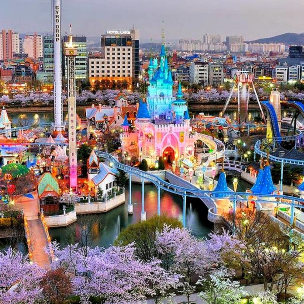 Lotte World surrounded by sakura