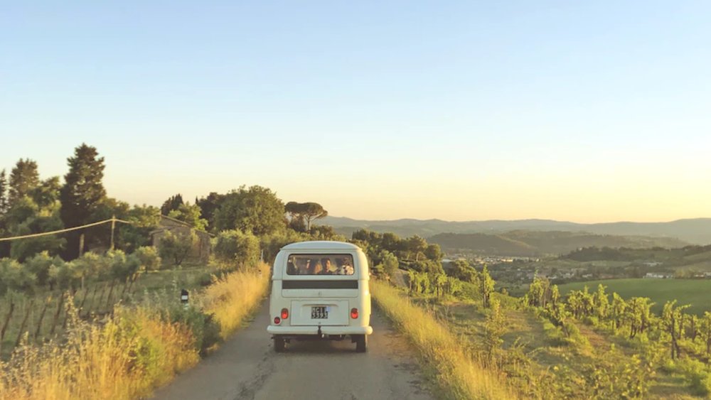 white van on a road trip