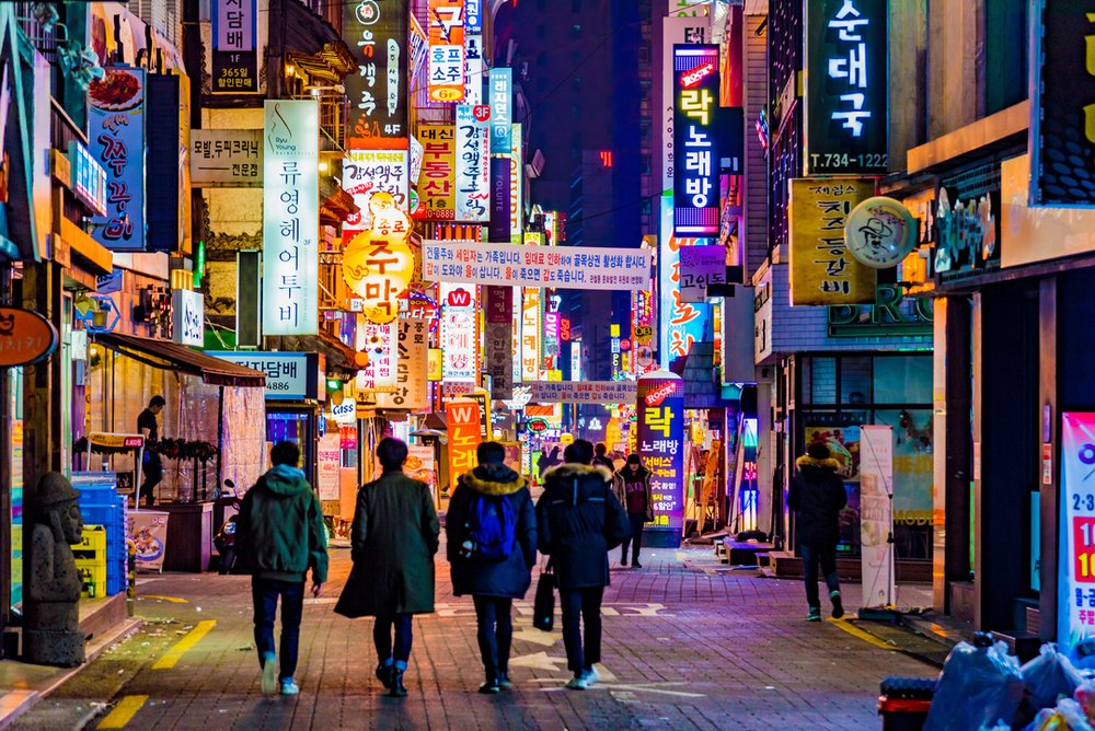Neon lights in the night of the city of Seoul in South Korea