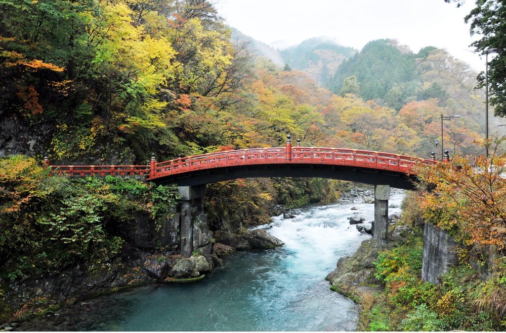 A red bridge over a river