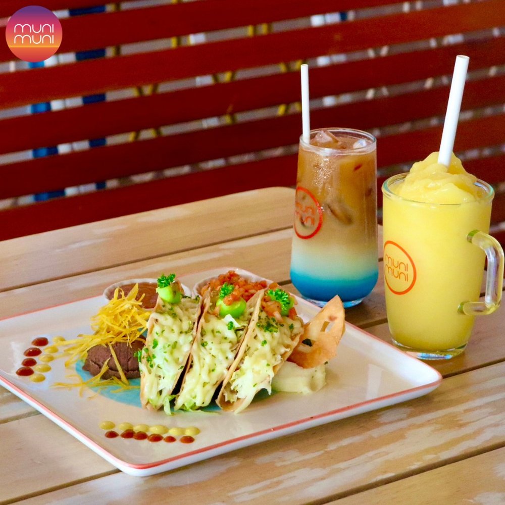 Tacos and two drinks