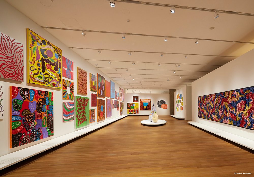 Colorful paintings on display
