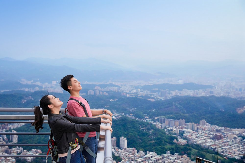 Man and woman looking at city views