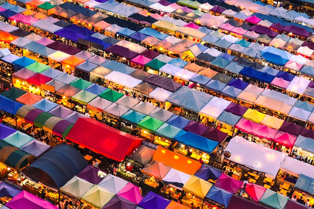 Colorful and lit tents