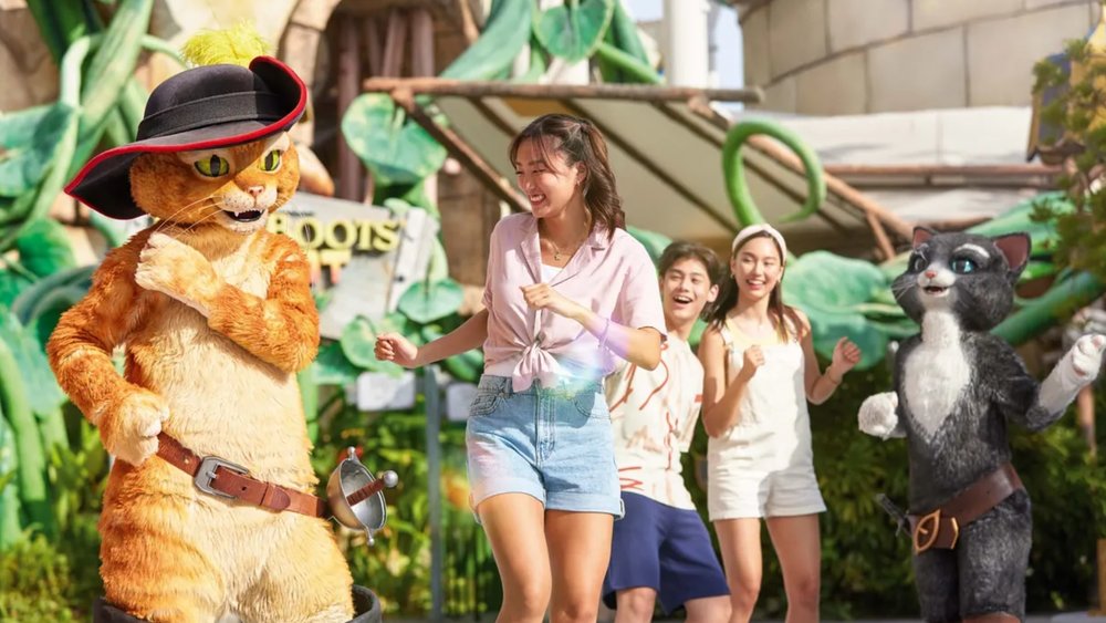 family with Puss In Boots at Universal Studios Singapore