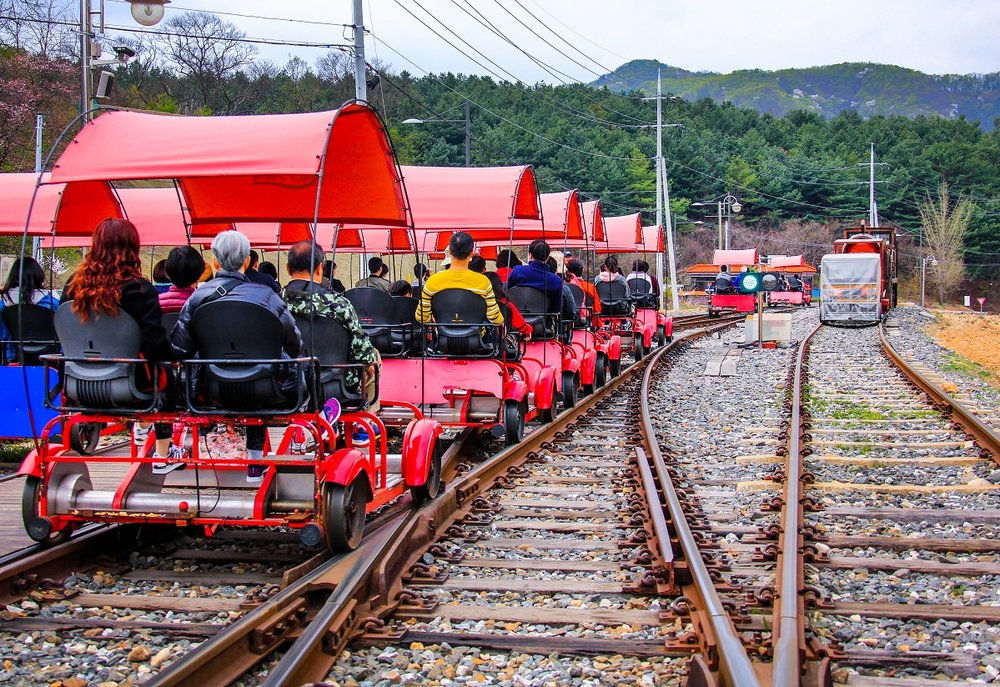 People line up in a train track