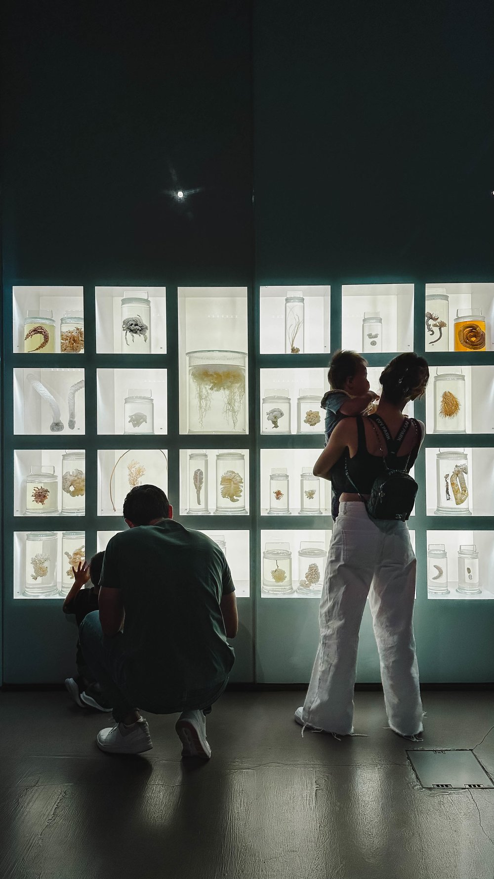 family looking at dinosaur exhibit
