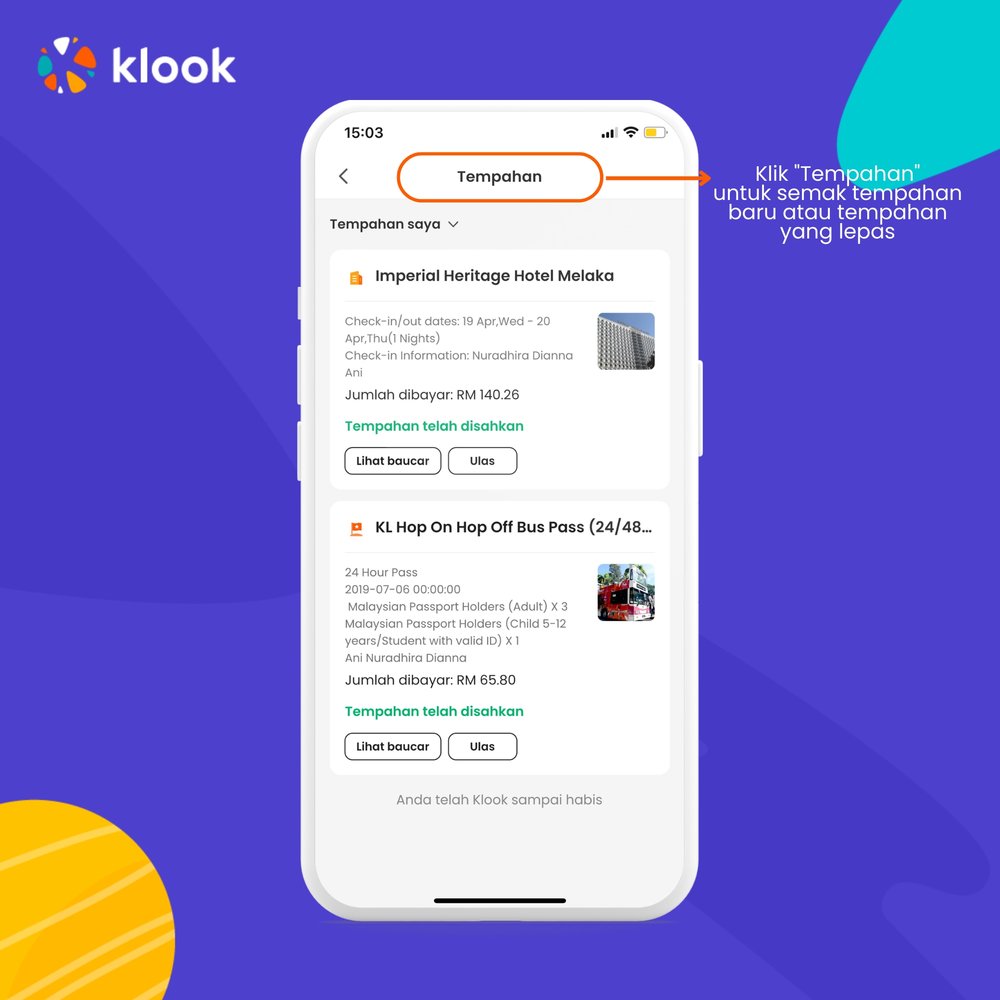 MY BM semak tempahan Klook