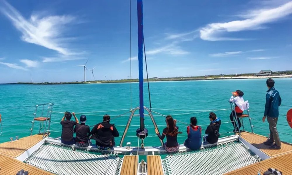 Tourist having fun in a yacht