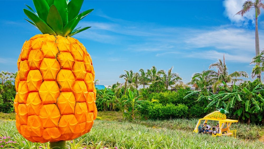 a family riding a pineapple-themed self-driving cart at nago pineapple park in japan