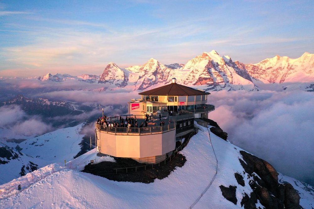 observation deck among snow-capped mountains
