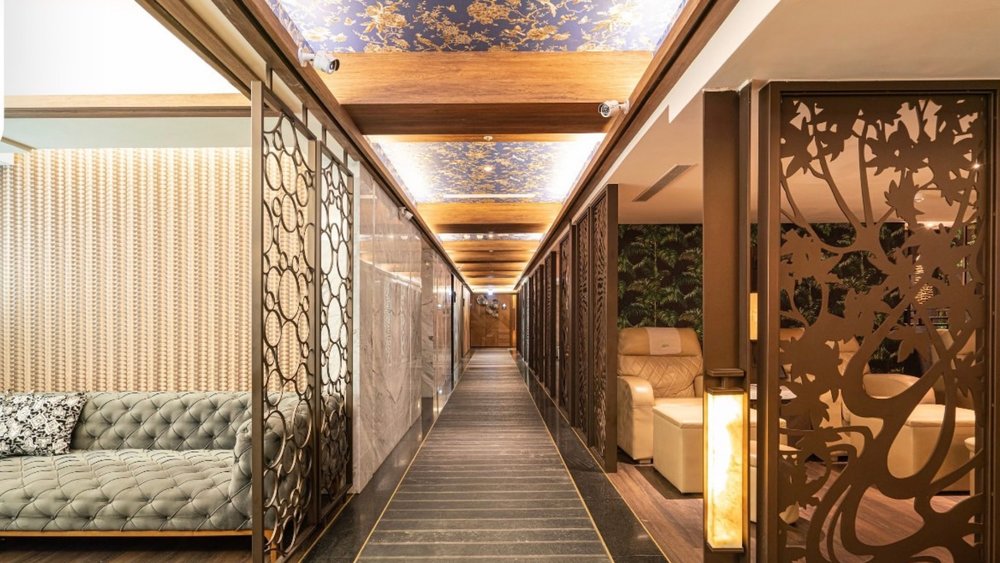 a beautiful hallway that leads to spa rooms