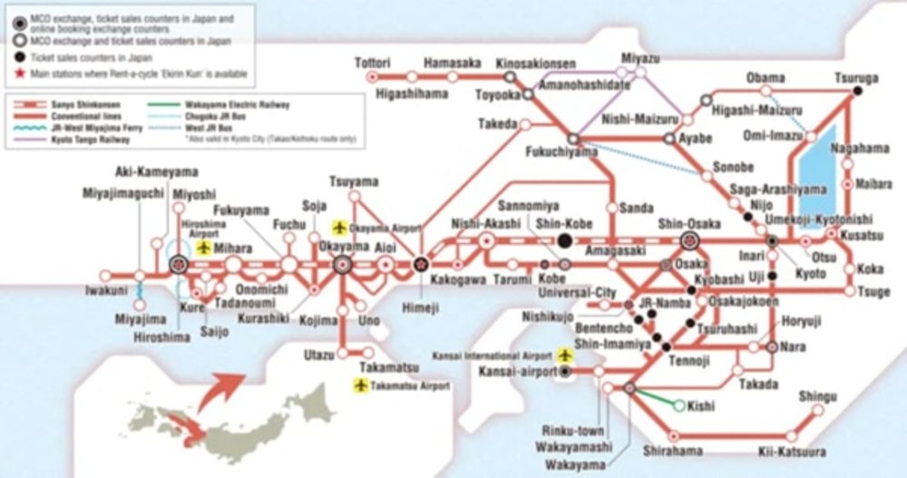 แผนที่พื้นที่ให้บริการของบัตรโดยสารรถไฟ JR Kansai – Hiroshoma Area