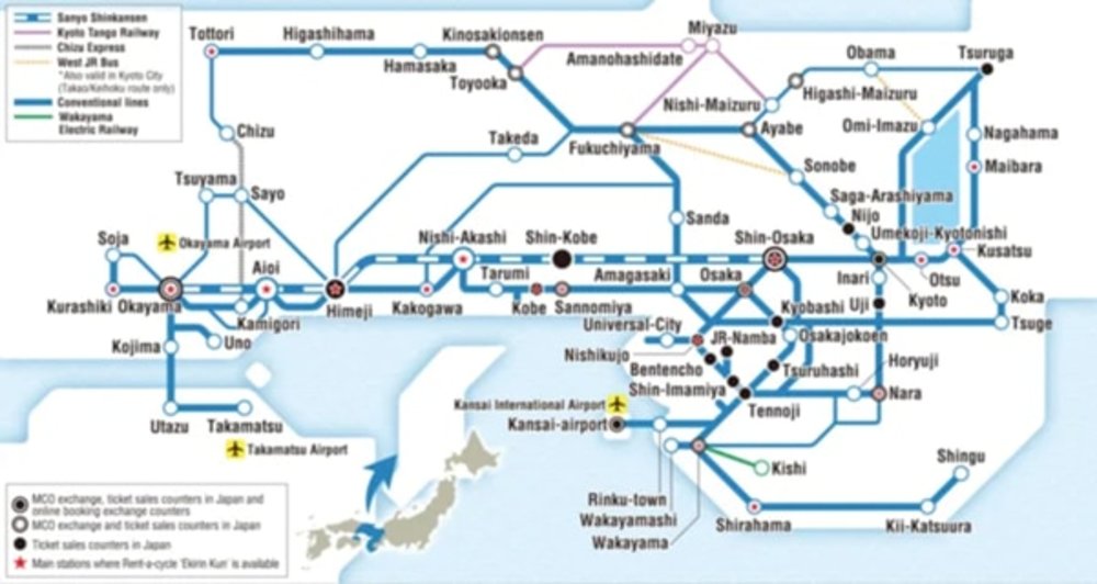 แผนที่พื้นที่ให้บริการของบัตรโดยสารรถไฟ JR Kansai Wide Area