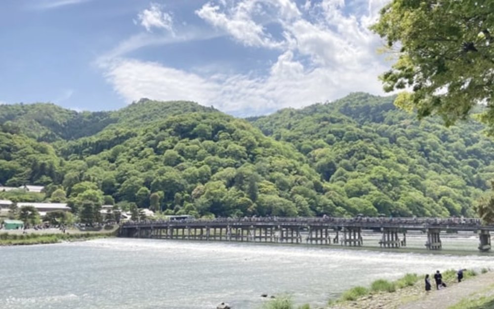 สะพานไม้ทอดข้ามแม่น้ำคัตสึระด้านหน้าภูเขาอาราชิยามะ ให้ทัศนียภาพอันน่าทึ่ง