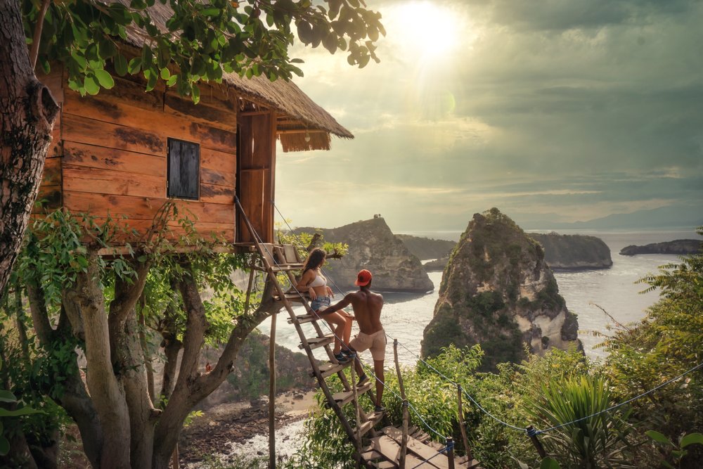 Man and woman looking at stunning rock formation views