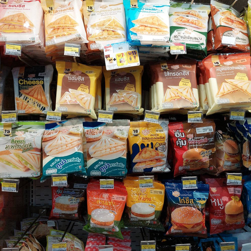 A variety of packed sandwiches on display