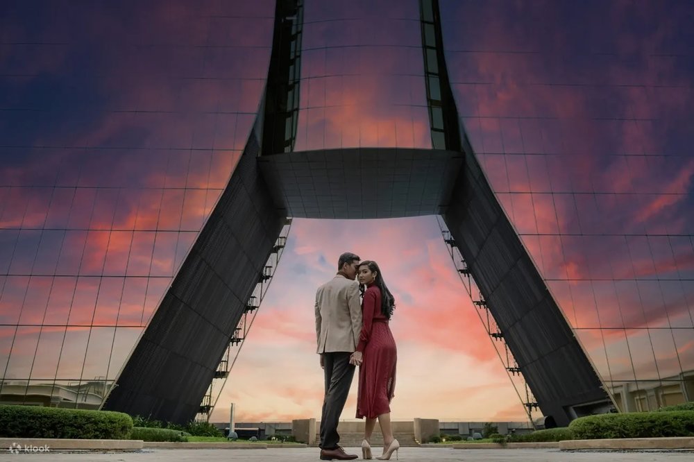 Lovers posing during sunset