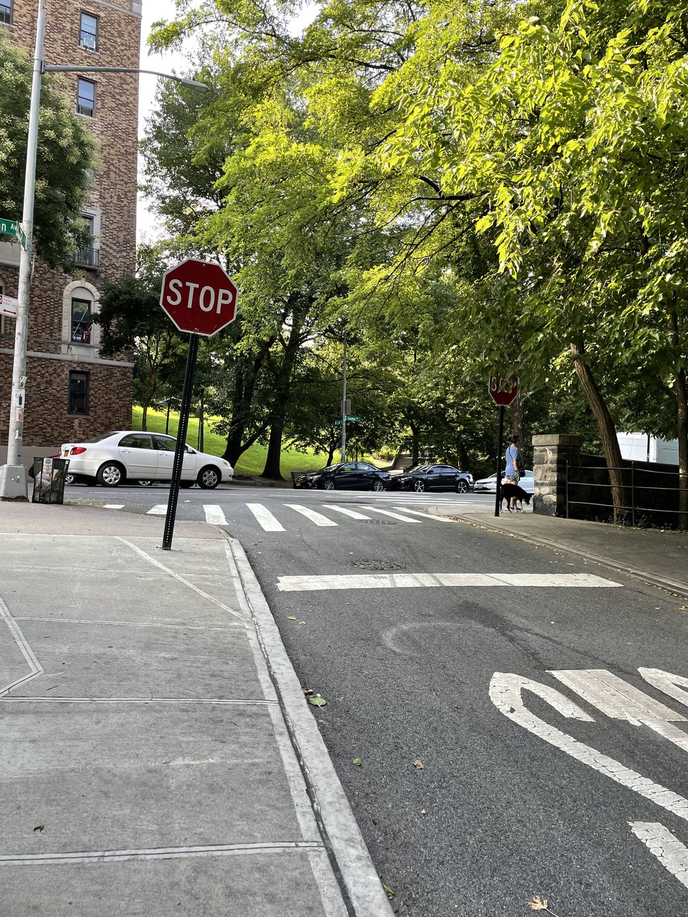 a stop sign and crossing in a small neighborhood during summer
