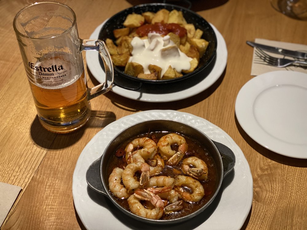 gambas, beer, and patatas bravas