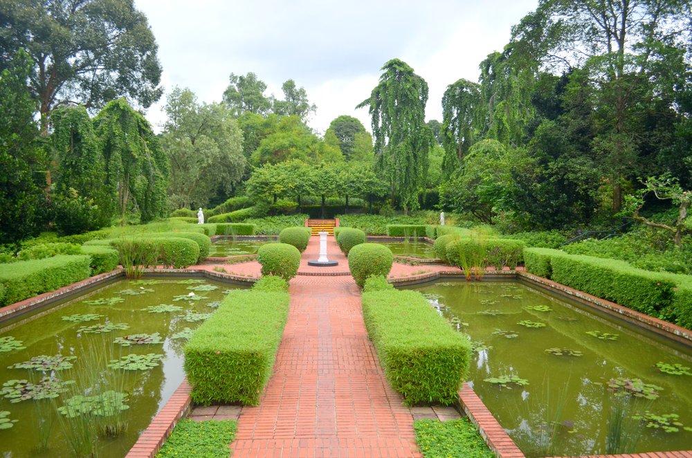 a brick pathway with a fountain and a garden with trees