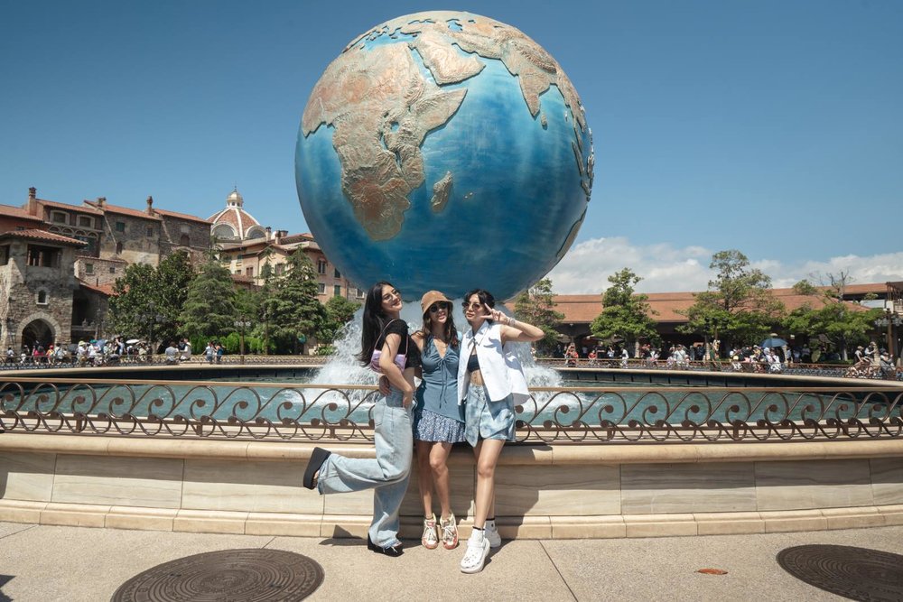 Tokyo DisneySea - Sheila Dara, Fita Anggriani, Adinda Thomas in front of earth globe