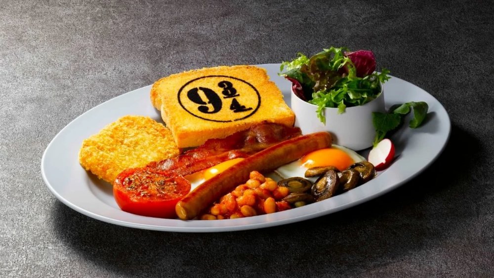 Breakfast platter with toast that has 9 and 3/4 printed on it