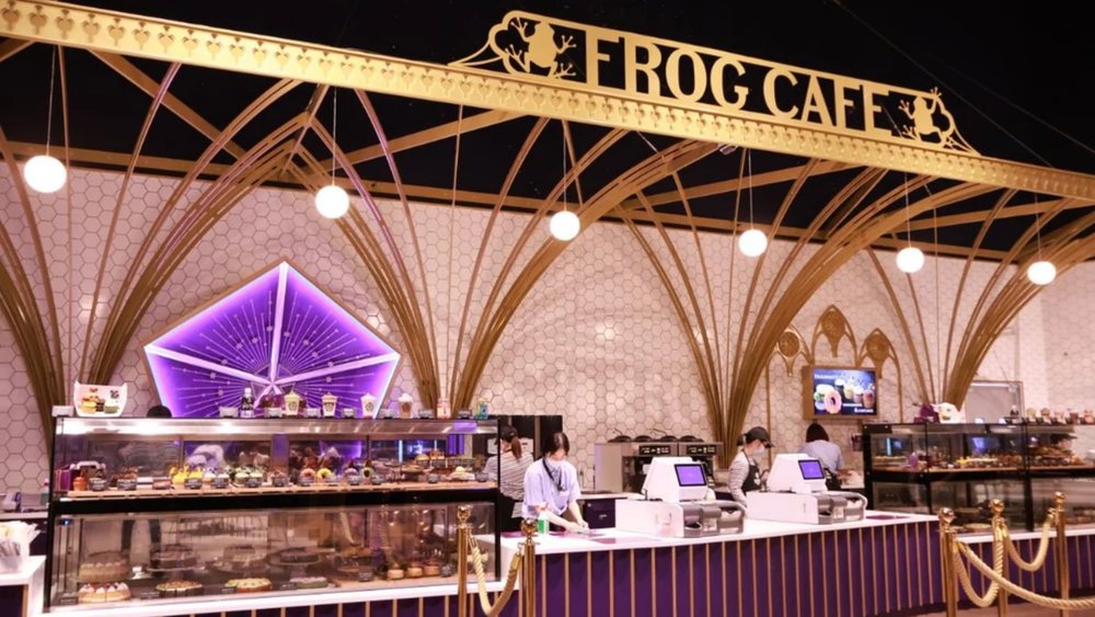 The counter at the Frog Cafe with a display of a variety of sweets
