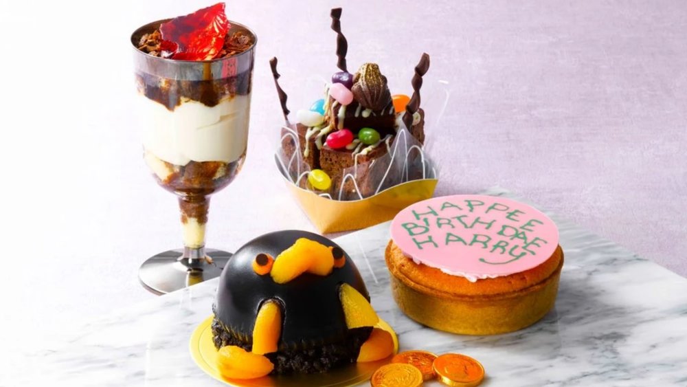 four desserts including ice cream, cupcakes, and a mini cake