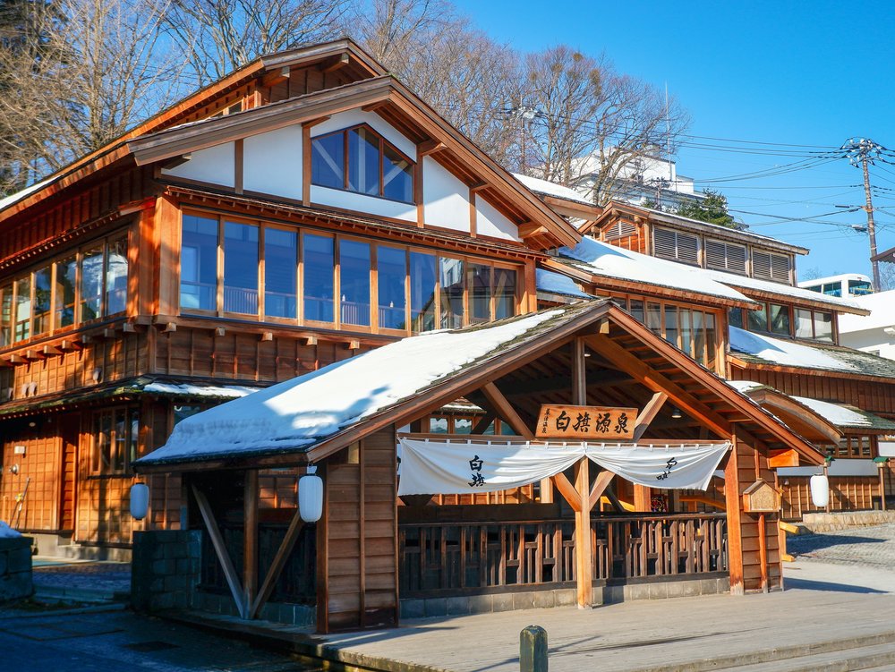 an onsen exterior during winter