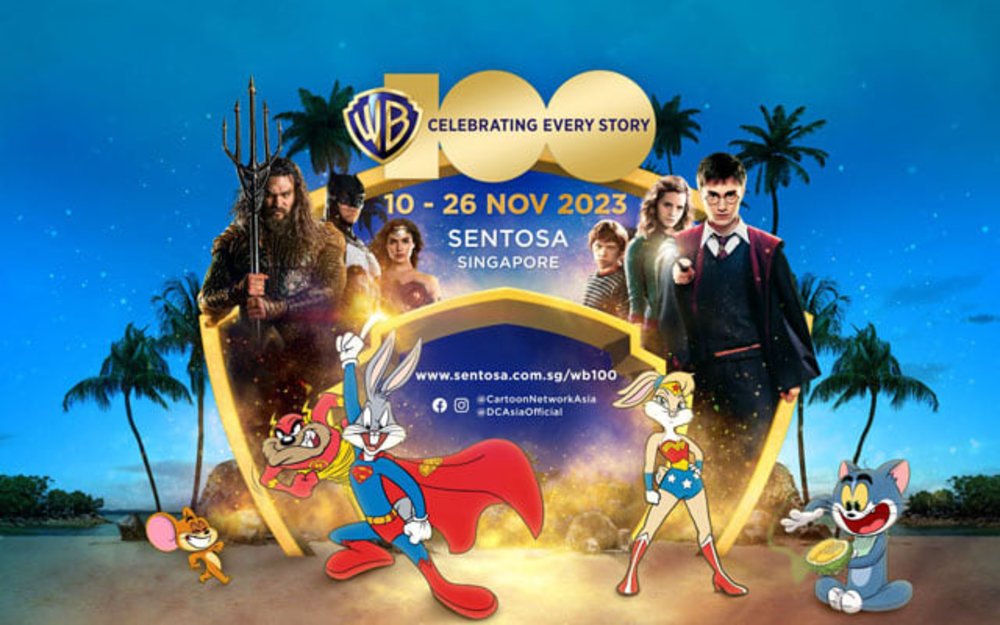 a promotional banner of Warner Bros Studios with famous characters like Harry Potter and Aquaman