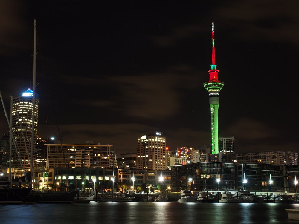 Auckland's Sky Tower illuminated in Christmas colours during the month of December