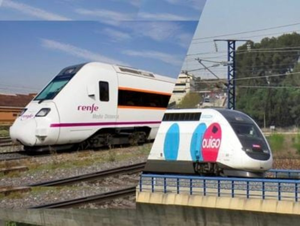 a collage of two photos, one showing renfe and the other is ouigo