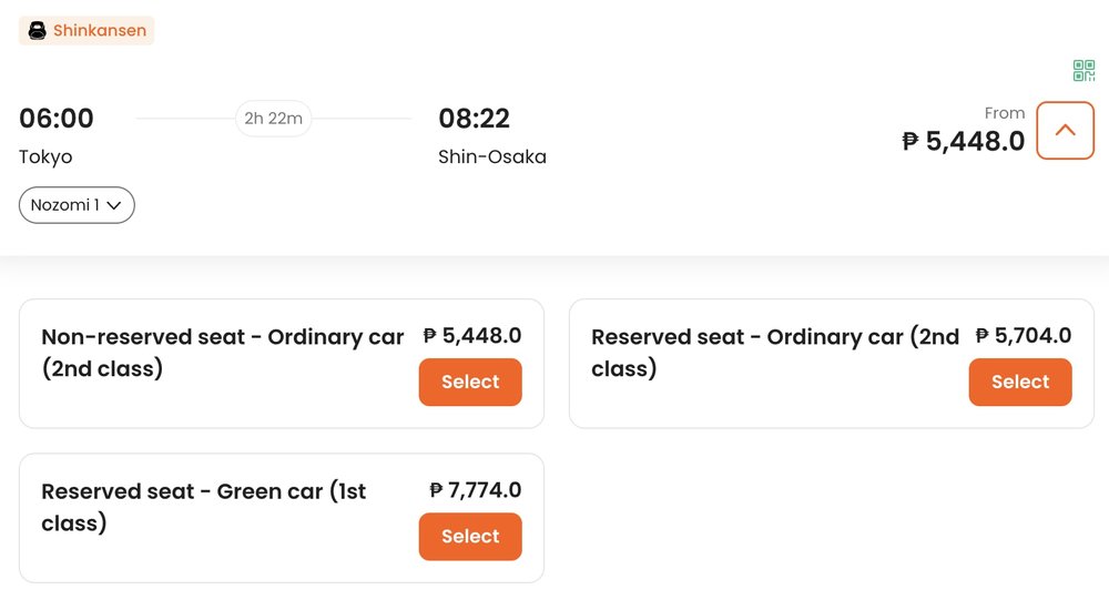 Japan rail seat choices on klook
