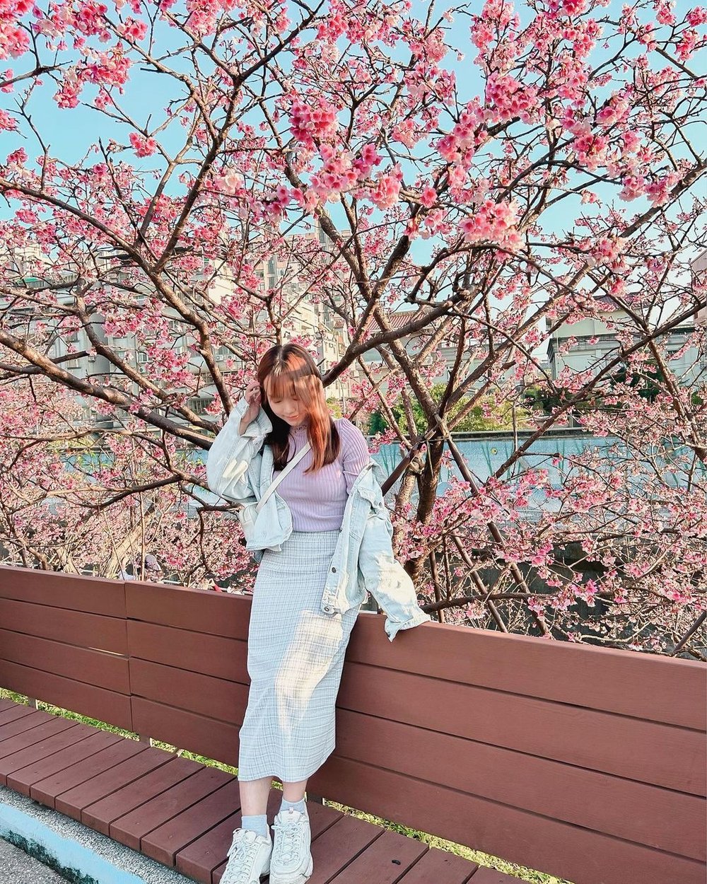 Girl standing in front of cherry blossom trees and a river