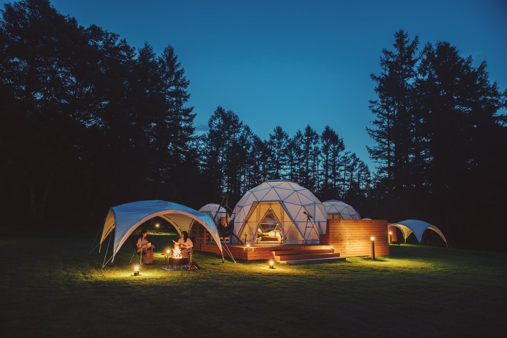 dome-type glamping at night