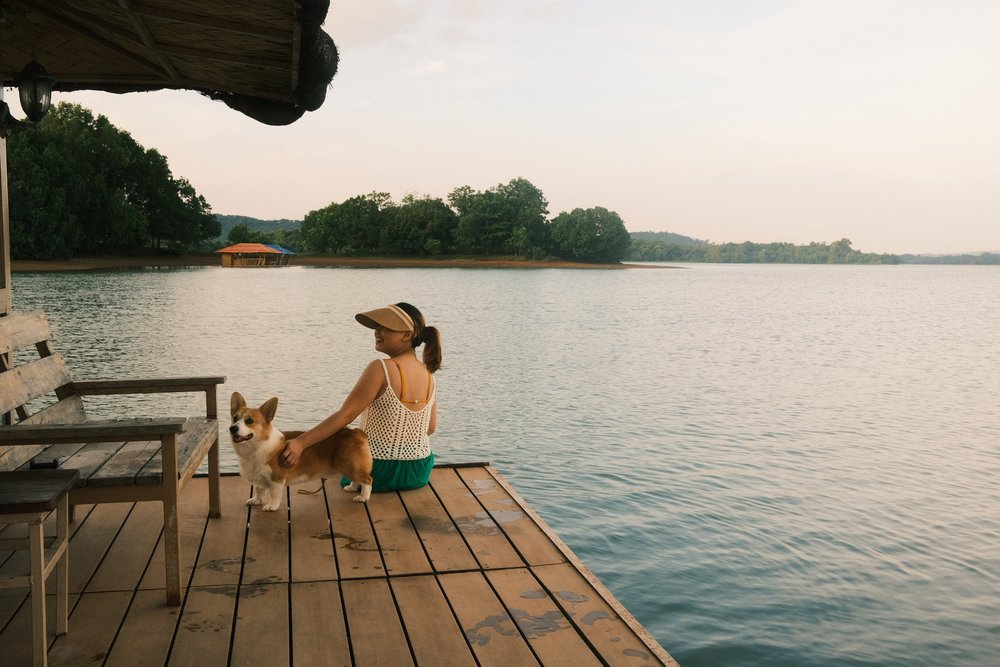 Lake view of Aquascape floating cottage