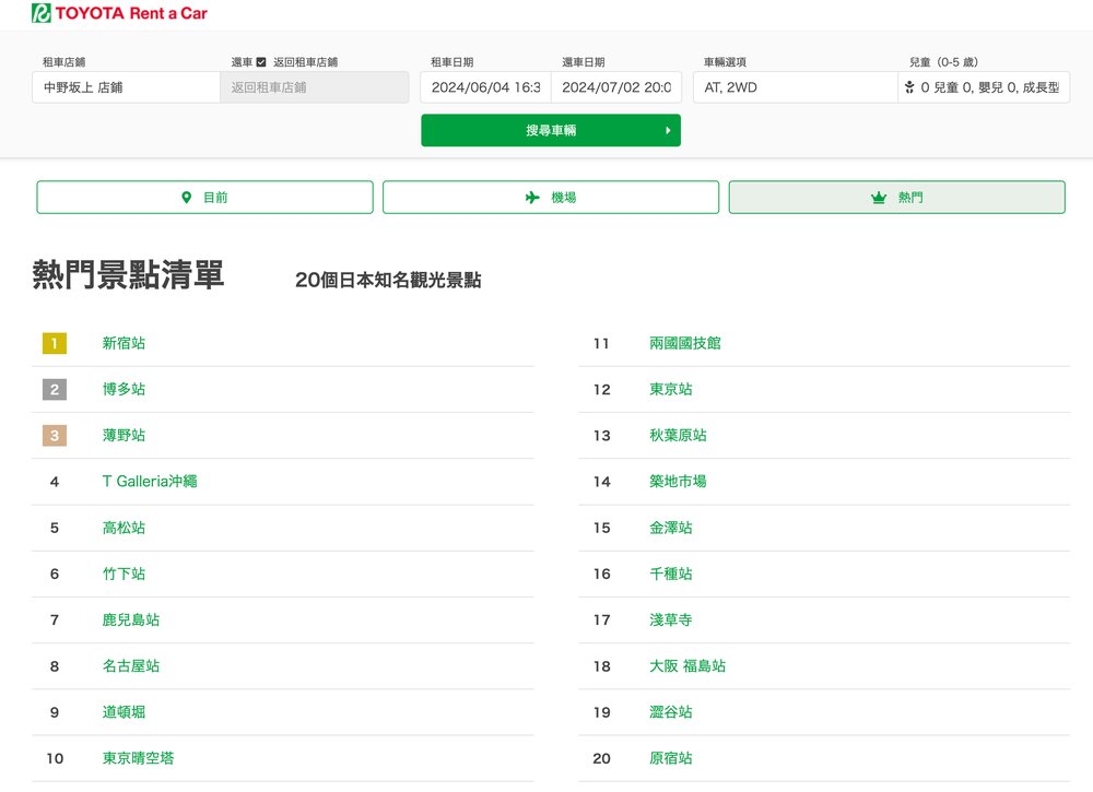 Toyota租車熱門據點