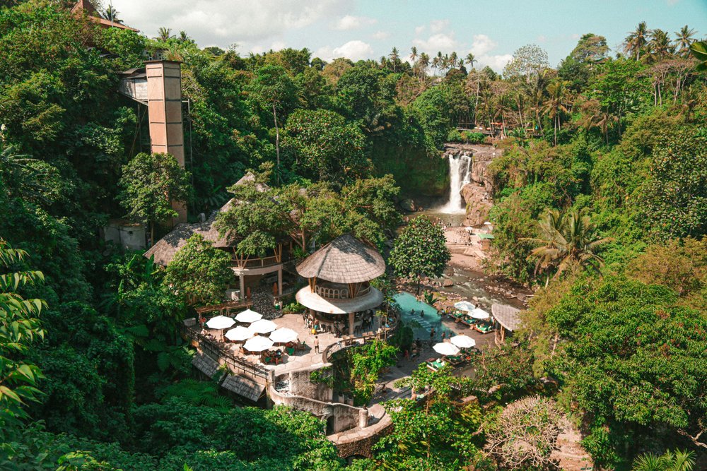 aerial view of a waterfall in Bali