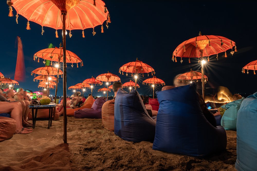photo of kuta beach at night with parasols