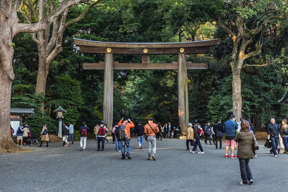 large torii gate in meiji shrine grounds