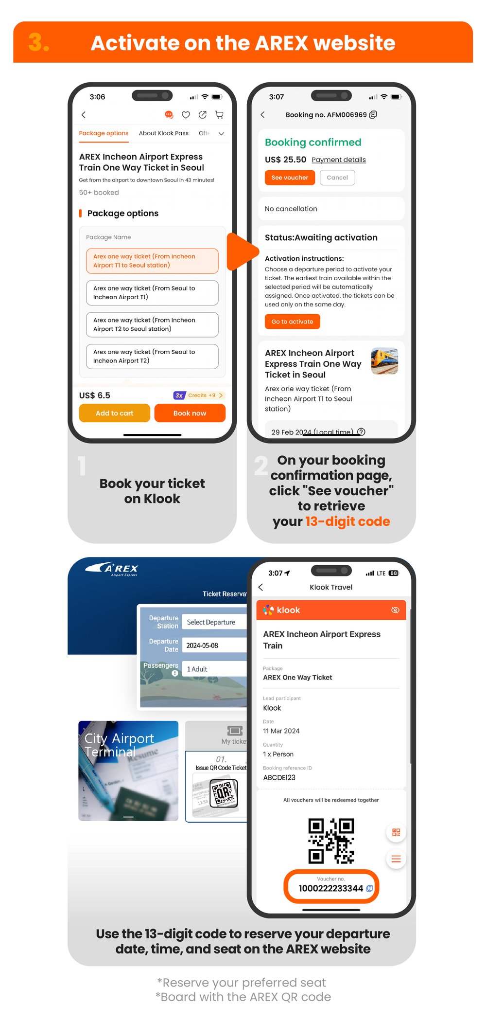 a guide showing how to activate your AREX ticket once booked