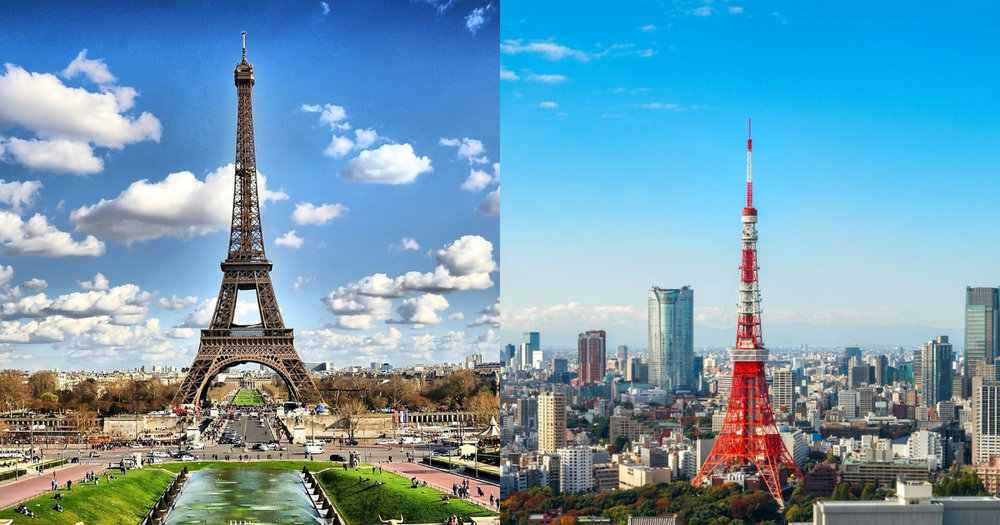 a collage showing the eiffel tower and the tokyo tower